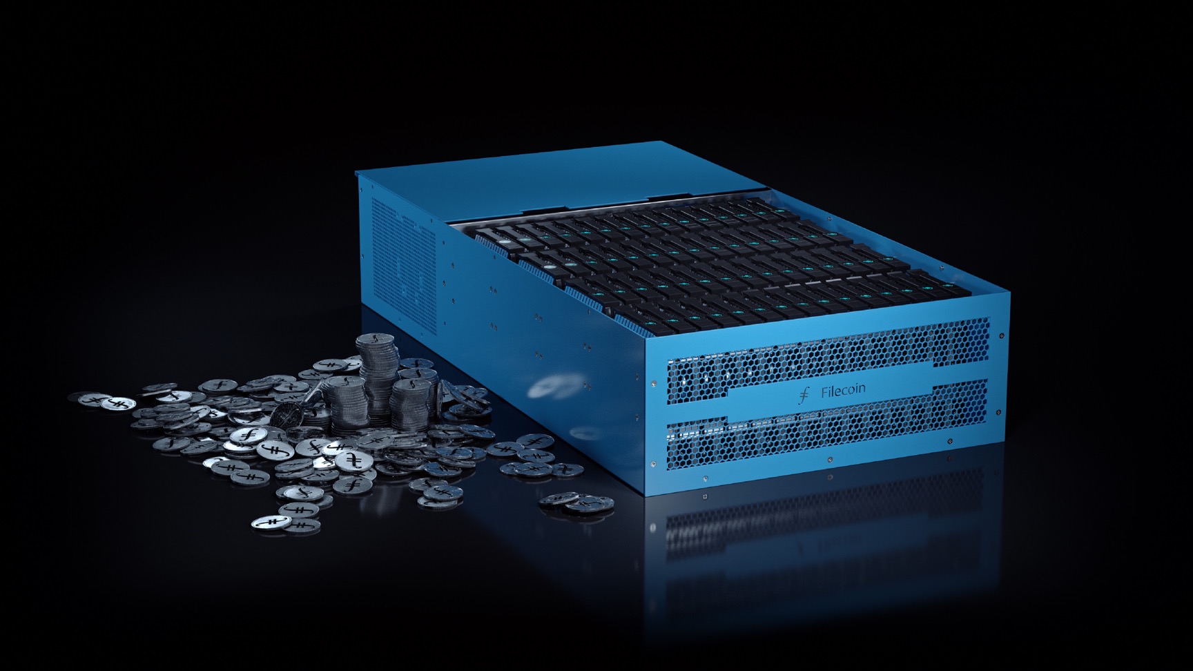 Filecoin network attached storage device with 60 hard drives inside and a pile of Filecoin coins beside it