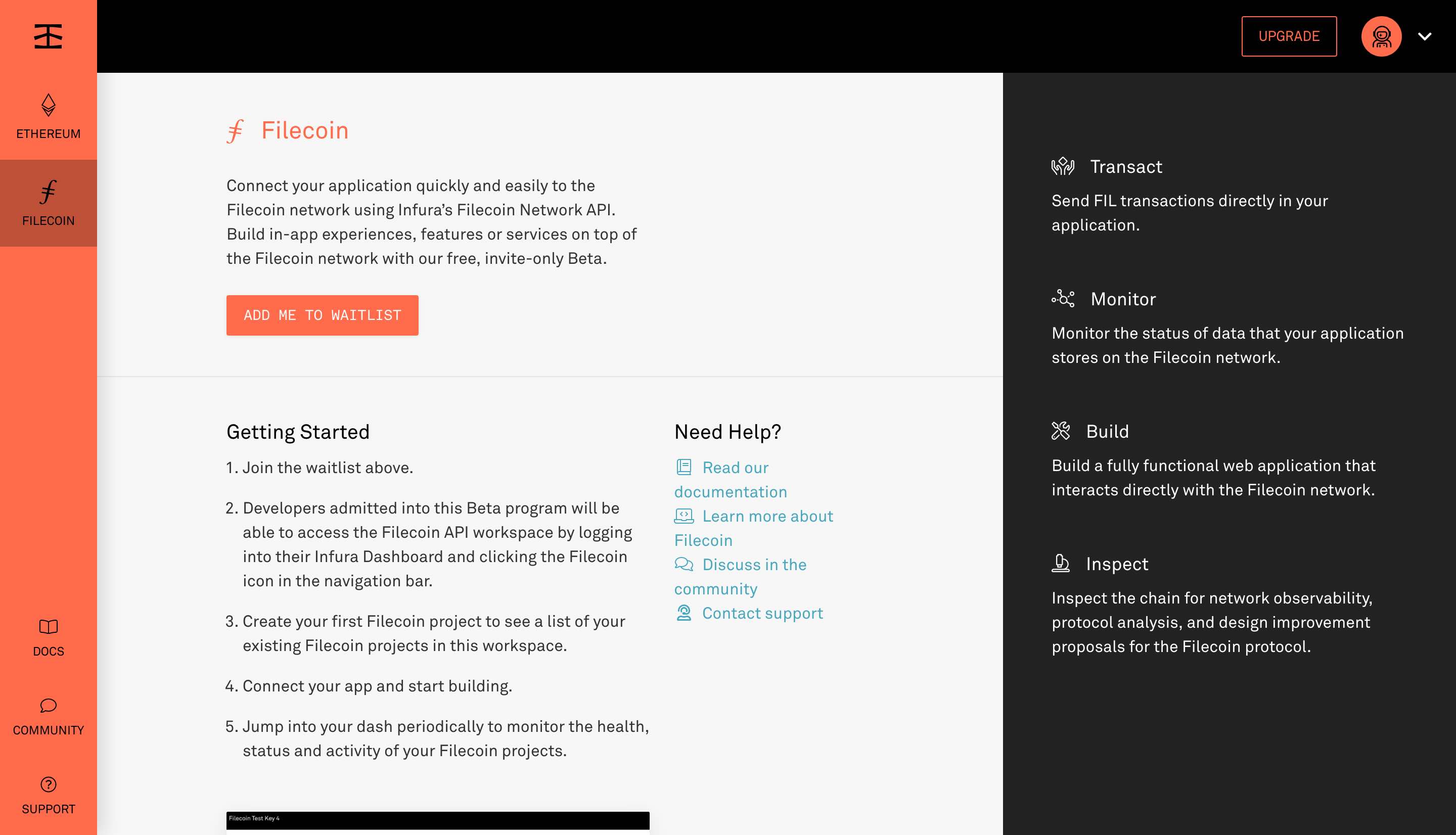 Infura Filecoin API Dashboard